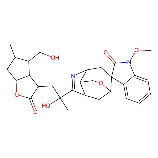 2D Structure of (1R,2S,4S,7R,8S)-6-[(2R)-1-[(3S,3aS,4R,5S,6aS)-4-(hydroxymethyl)-5-methyl-2-oxo-3,3a,4,5,6,6a-hexahydrocyclopenta[b]furan-3-yl]-2-hydroxypropan-2-yl]-1'-methoxyspiro[10-oxa-5-azatricyclo[5.3.1.04,8]undec-5-ene-2,3'-indole]-2'-one
