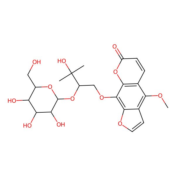 2D Structure of 9-[(2R)-3-hydroxy-3-methyl-2-[(2S,3R,4S,5S,6R)-3,4,5-trihydroxy-6-(hydroxymethyl)oxan-2-yl]oxybutoxy]-4-methoxyfuro[3,2-g]chromen-7-one