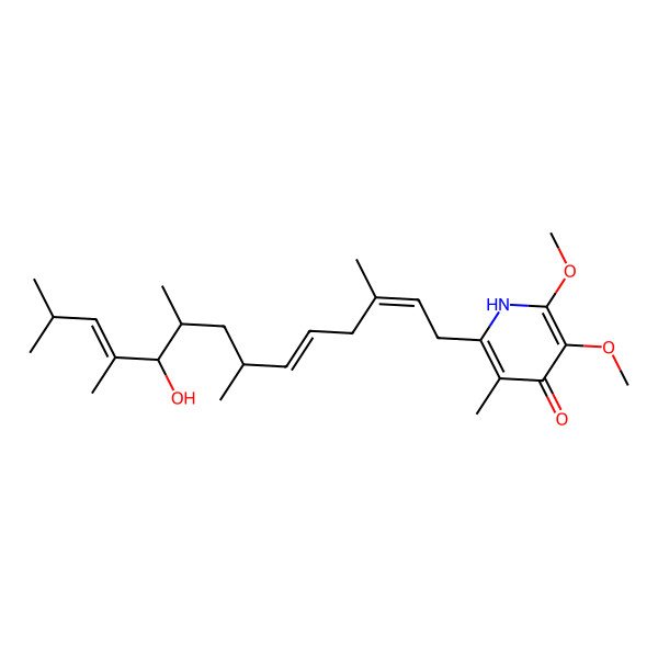 2D Structure of 2-[(2E,5E,7R,9S,10R,11E)-10-hydroxy-3,7,9,11,13-pentamethyltetradeca-2,5,11-trienyl]-5,6-dimethoxy-3-methyl-1H-pyridin-4-one