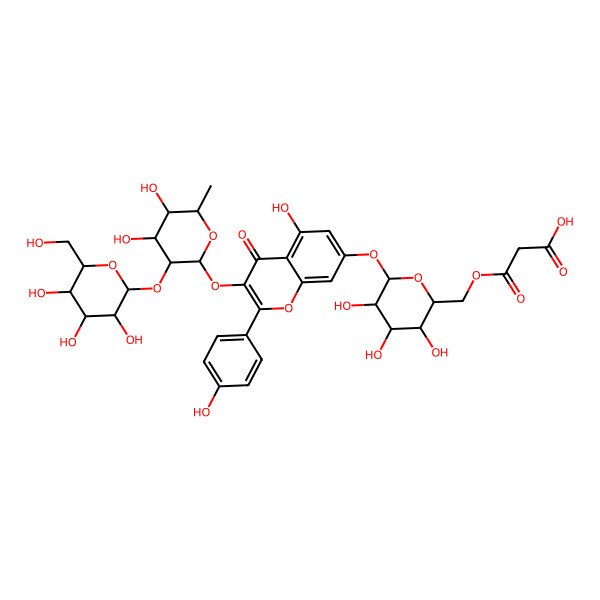 2D Structure of 3-[[(2R,3R,4R,5S,6S)-6-[3-[(2S,3S,4R,5S,6R)-4,5-dihydroxy-6-methyl-3-[(2R,3R,4S,5R,6R)-3,4,5-trihydroxy-6-(hydroxymethyl)oxan-2-yl]oxyoxan-2-yl]oxy-5-hydroxy-2-(4-hydroxyphenyl)-4-oxochromen-7-yl]oxy-3,4,5-trihydroxyoxan-2-yl]methoxy]-3-oxopropanoic acid