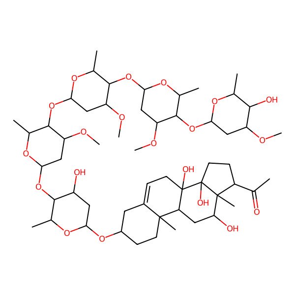 2D Structure of 1-[(3S,8S,9R,10R,12R,13S,14R,17S)-8,12,14-trihydroxy-3-[(2R,4R,5S,6R)-4-hydroxy-5-[(2S,4R,5R,6R)-5-[(2S,4R,5R,6R)-5-[(2S,4S,5R,6R)-5-[(2S,4R,5R,6R)-5-hydroxy-4-methoxy-6-methyloxan-2-yl]oxy-4-methoxy-6-methyloxan-2-yl]oxy-4-methoxy-6-methyloxan-2-yl]oxy-4-methoxy-6-methyloxan-2-yl]oxy-6-methyloxan-2-yl]oxy-10,13-dimethyl-2,3,4,7,9,11,12,15,16,17-decahydro-1H-cyclopenta[a]phenanthren-17-yl]ethanone