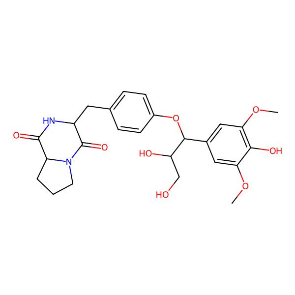 2D Structure of 3-[[4-[2,3-Dihydroxy-1-(4-hydroxy-3,5-dimethoxyphenyl)propoxy]phenyl]methyl]-2,3,6,7,8,8a-hexahydropyrrolo[1,2-a]pyrazine-1,4-dione