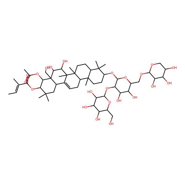 2D Structure of [(3R,4R,4aR,5S,6R,6aR,6aS,6bR,8aR,10S,12aR,14bS)-4-acetyloxy-10-[(2R,3R,4S,5S,6R)-4,5-dihydroxy-3-[(2S,3R,4S,5S,6R)-3,4,5-trihydroxy-6-(hydroxymethyl)oxan-2-yl]oxy-6-[[(2S,3R,4S,5S)-3,4,5-trihydroxyoxan-2-yl]oxymethyl]oxan-2-yl]oxy-5,6-dihydroxy-4a-(hydroxymethyl)-2,2,6a,6b,9,9,12a-heptamethyl-1,3,4,5,6,6a,7,8,8a,10,11,12,13,14b-tetradecahydropicen-3-yl] (E)-2-methylbut-2-enoate