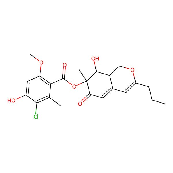 2D Structure of (8-hydroxy-7-methyl-6-oxo-3-propyl-8,8a-dihydro-1H-isochromen-7-yl) 3-chloro-4-hydroxy-6-methoxy-2-methylbenzoate