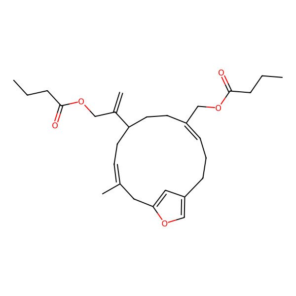 2D Structure of [8-(3-Butanoyloxyprop-1-en-2-yl)-11-methyl-14-oxabicyclo[11.2.1]hexadeca-1(15),4,10,13(16)-tetraen-5-yl]methyl butanoate