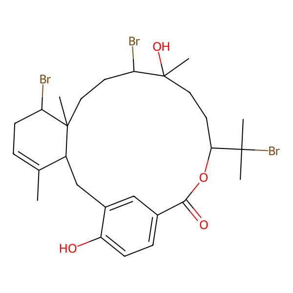 2D Structure of (3R,7S,8S,11R,12S,15S)-7,11-dibromo-15-(2-bromopropan-2-yl)-12,21-dihydroxy-4,8,12-trimethyl-16-oxatricyclo[16.3.1.03,8]docosa-1(21),4,18(22),19-tetraen-17-one