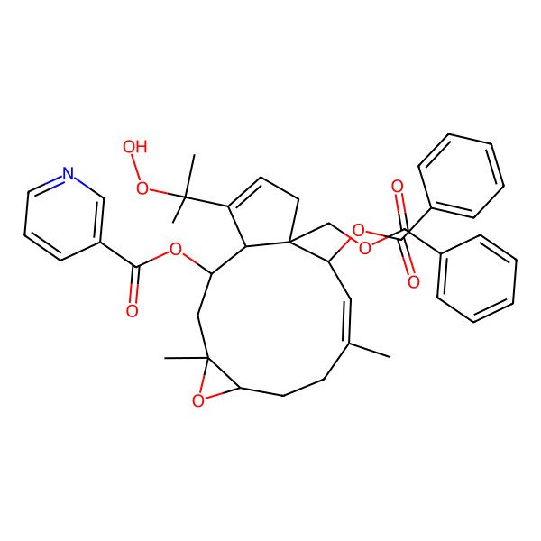2D Structure of [(1R,2R,4S,6R,9E,11S,12S)-11-benzoyloxy-12-(benzoyloxymethyl)-15-(2-hydroperoxypropan-2-yl)-4,9-dimethyl-5-oxatricyclo[10.3.0.04,6]pentadeca-9,14-dien-2-yl] pyridine-3-carboxylate