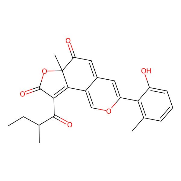 2D Structure of (6aS)-3-(2-hydroxy-6-methylphenyl)-6a-methyl-9-[(2R)-2-methylbutanoyl]furo[2,3-h]isochromene-6,8-dione