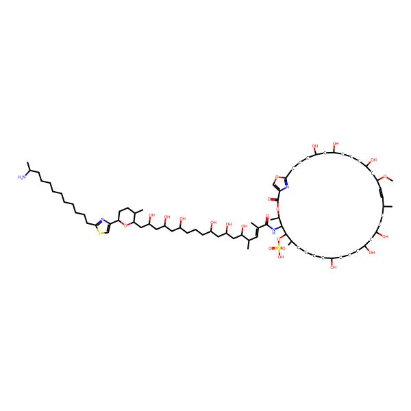2D Structure of [(22Z)-5-[[(E)-18-[6-[2-[(11R)-11-aminododecyl]-1,3-thiazol-4-yl]-3-methyloxan-2-yl]-5,7,9,13,15,17-hexahydroxy-2,4-dimethyloctadec-2-enoyl]amino]-12,16,18,26,30,32-hexahydroxy-24-methoxy-4,7,21-trimethyl-2-oxo-3,37-dioxa-39-azabicyclo[34.2.1]nonatriaconta-1(38),22,36(39)-trien-6-yl] hydrogen sulfate