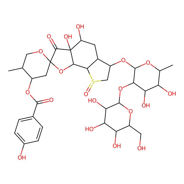 2D Structure of [(2S,3aR,4S,4'S,5'R,5aR,6R,8S,8aS,8bS)-6-[(2S,3R,4S,5S,6R)-4,5-dihydroxy-6-methyl-3-[(2S,3R,4S,5S,6R)-3,4,5-trihydroxy-6-(hydroxymethyl)oxan-2-yl]oxyoxan-2-yl]oxy-3a,4-dihydroxy-5'-methyl-3,8-dioxospiro[5,5a,6,7,8a,8b-hexahydro-4H-thieno[3,2-g][1]benzofuran-2,2'-oxane]-4'-yl] 4-hydroxybenzoate