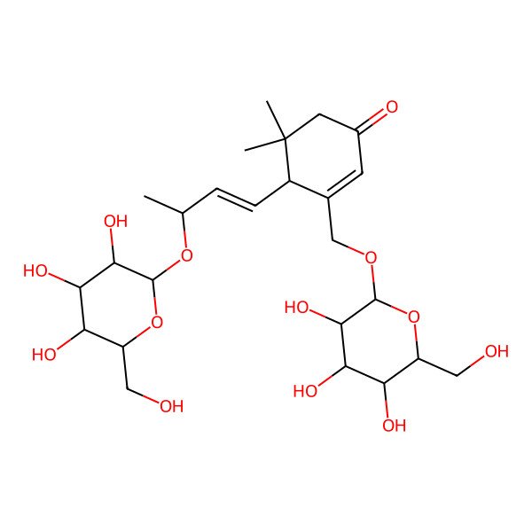 2D Structure of (4R)-5,5-dimethyl-4-[(E,3R)-3-[(2R,3R,4S,5S,6R)-3,4,5-trihydroxy-6-(hydroxymethyl)oxan-2-yl]oxybut-1-enyl]-3-[[(2R,3R,4S,5S,6R)-3,4,5-trihydroxy-6-(hydroxymethyl)oxan-2-yl]oxymethyl]cyclohex-2-en-1-one