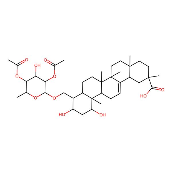 2D Structure of (2R,4aS,6aS,6aS,6bR,8aS,9R,10S,12S,12aS,14bS)-9-[[(2R,3R,4R,5R,6S)-3,5-diacetyloxy-4-hydroxy-6-methyloxan-2-yl]oxymethyl]-10,12-dihydroxy-2,4a,6a,6b,12a-pentamethyl-3,4,5,6,6a,7,8,8a,9,10,11,12,13,14b-tetradecahydro-1H-picene-2-carboxylic acid