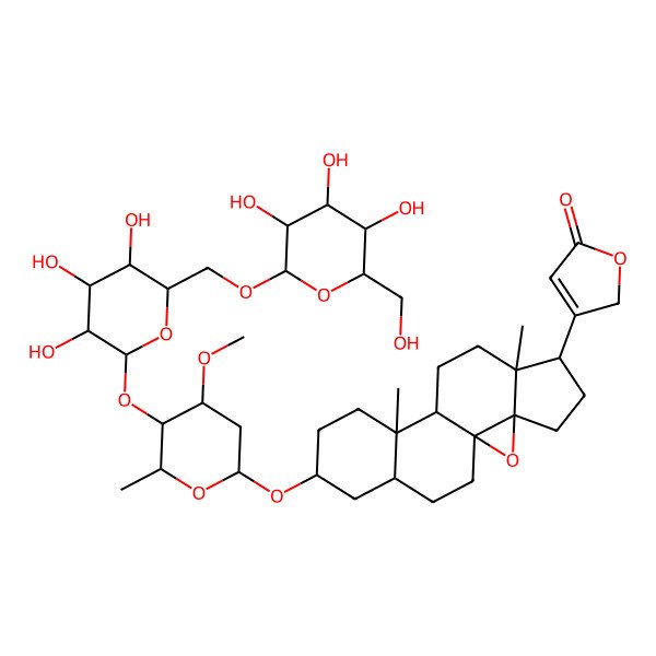 2D Structure of 3-[(1S,3R,7R,10R,11S,16R)-14-[(2R)-4-methoxy-6-methyl-5-[(2S)-3,4,5-trihydroxy-6-[[3,4,5-trihydroxy-6-(hydroxymethyl)oxan-2-yl]oxymethyl]oxan-2-yl]oxyoxan-2-yl]oxy-7,11-dimethyl-2-oxapentacyclo[8.8.0.01,3.03,7.011,16]octadecan-6-yl]-2H-furan-5-one