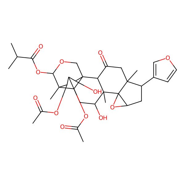 2D Structure of [(1S,2R,5S,6S,8R,10R,11S,12R,14R,15R,16S,19R,20R,21S)-20,21-diacetyloxy-6-(furan-3-yl)-12,19-dihydroxy-5,11,15-trimethyl-3-oxo-9,17-dioxahexacyclo[13.3.3.01,14.02,11.05,10.08,10]henicosan-16-yl] 2-methylpropanoate