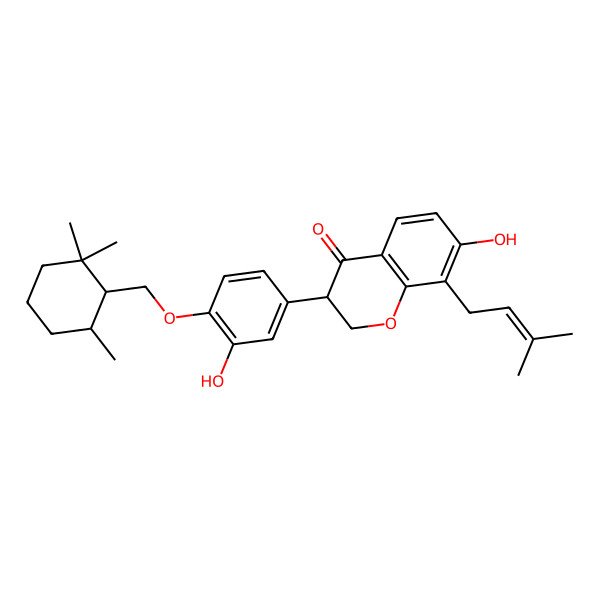 2D Structure of 7-Hydroxy-3-[3-hydroxy-4-[(2,2,6-trimethylcyclohexyl)methoxy]phenyl]-8-(3-methylbut-2-enyl)-2,3-dihydrochromen-4-one