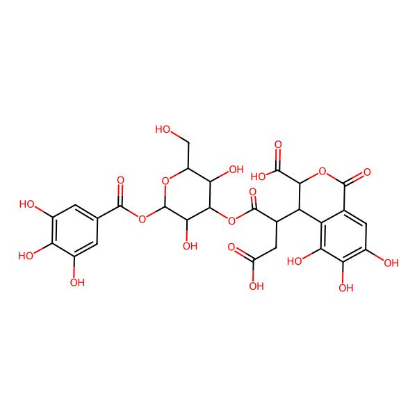 2D Structure of 4-[3-Carboxy-1-[3,5-dihydroxy-2-(hydroxymethyl)-6-(3,4,5-trihydroxybenzoyl)oxyoxan-4-yl]oxy-1-oxopropan-2-yl]-5,6,7-trihydroxy-1-oxo-3,4-dihydroisochromene-3-carboxylic acid