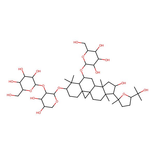 2D Structure of (2S,3R,4S,5S,6R)-2-[[(1S,3R,6S,8S,9S,11R,12S,14S,15R,16R)-6-[(2S,3R,4S,5R)-4,5-dihydroxy-3-[(2R,3R,4S,5S,6R)-3,4,5-trihydroxy-6-(hydroxymethyl)oxan-2-yl]oxyoxan-2-yl]oxy-14-hydroxy-15-[(2R,5R)-5-(2-hydroxypropan-2-yl)-2-methyloxolan-2-yl]-7,7,12,16-tetramethyl-9-pentacyclo[9.7.0.01,3.03,8.012,16]octadecanyl]oxy]-6-(hydroxymethyl)oxane-3,4,5-triol