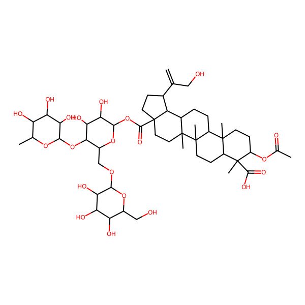 2D Structure of (1R,3aS,5aR,5bR,7aR,8S,9R,11aR,11bR,13aR,13bS)-9-acetyloxy-3a-[(2S,3R,4R,5S,6R)-3,4-dihydroxy-6-[[(2R,3R,4S,5S,6R)-3,4,5-trihydroxy-6-(hydroxymethyl)oxan-2-yl]oxymethyl]-5-[(2S,3R,4R,5R,6S)-3,4,5-trihydroxy-6-methyloxan-2-yl]oxyoxan-2-yl]oxycarbonyl-1-(3-hydroxyprop-1-en-2-yl)-5a,5b,8,11a-tetramethyl-1,2,3,4,5,6,7,7a,9,10,11,11b,12,13,13a,13b-hexadecahydrocyclopenta[a]chrysene-8-carboxylic acid