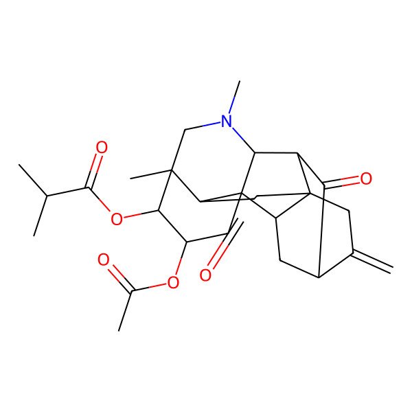 2D Structure of [(1R,3S,4S,5R,8R,9S,11S,14R,17S,18R)-3-acetyloxy-5,7-dimethyl-12-methylidene-10,16-dioxo-7-azahexacyclo[9.6.2.01,8.05,17.09,14.014,18]nonadecan-4-yl] 2-methylpropanoate