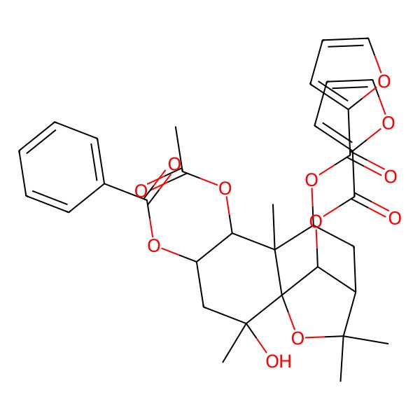2D Structure of [(1S,2S,4S,5R,6R,7S,9R,12R)-5-acetyloxy-4-benzoyloxy-12-(furan-2-carbonyloxy)-2-hydroxy-2,6,10,10-tetramethyl-11-oxatricyclo[7.2.1.01,6]dodecan-7-yl] furan-2-carboxylate