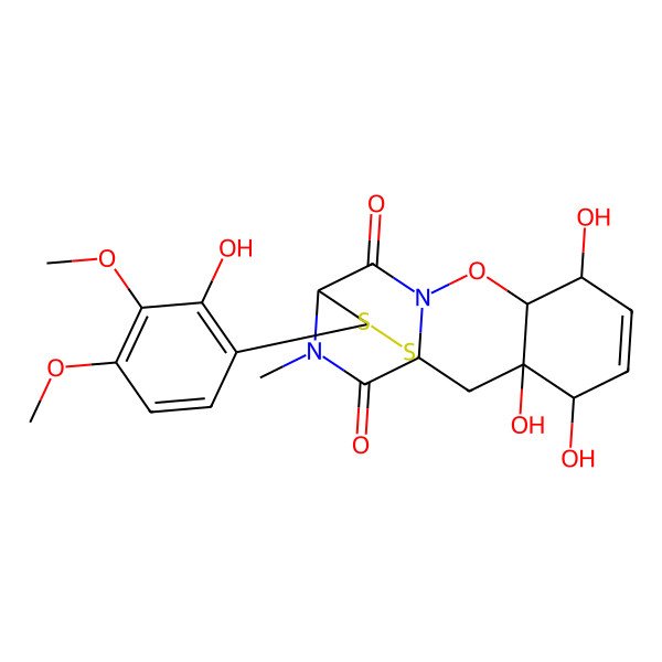 2D Structure of 3,4,7-Trihydroxy-13-(2-hydroxy-3,4-dimethoxyphenyl)-17-methyl-9-oxa-14,15-dithia-10,17-diazatetracyclo[10.3.2.01,10.03,8]heptadec-5-ene-11,16-dione