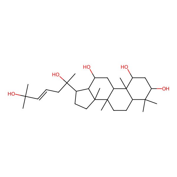 2D Structure of (1R,3R,5S,8R,9S,10R,12R,13R,14R,17S)-17-[(E,2S)-2,6-dihydroxy-6-methylhept-4-en-2-yl]-4,4,8,10,14-pentamethyl-2,3,5,6,7,9,11,12,13,15,16,17-dodecahydro-1H-cyclopenta[a]phenanthrene-1,3,12-triol