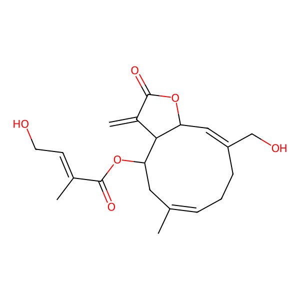 2D Structure of [10-(Hydroxymethyl)-6-methyl-3-methylidene-2-oxo-3a,4,5,8,9,11a-hexahydrocyclodeca[b]furan-4-yl] 4-hydroxy-2-methylbut-2-enoate