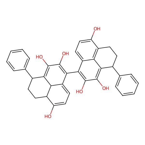 2D Structure of 9-phenyl-3-(2,3,7-trihydroxy-4-phenyl-5,6,6a,9b-tetrahydro-4H-phenalen-1-yl)-8,9-dihydro-7H-phenalene-1,2,6-triol