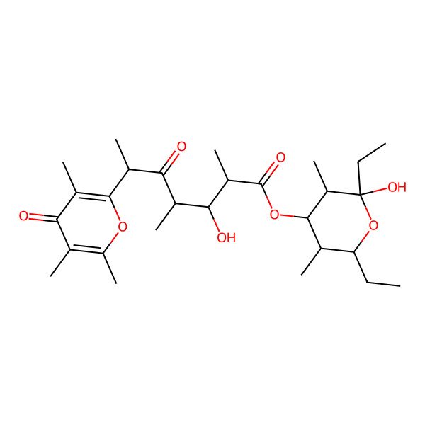 2D Structure of [(3S,4S,5R,6R)-2,6-diethyl-2-hydroxy-3,5-dimethyloxan-4-yl] (2S,3S,4R,6R)-3-hydroxy-2,4-dimethyl-5-oxo-6-(3,5,6-trimethyl-4-oxopyran-2-yl)heptanoate
