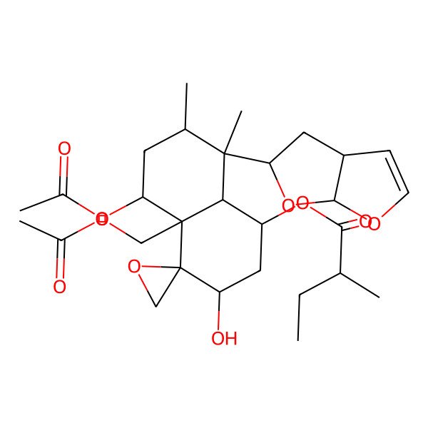 2D Structure of [(1R,3S,4R,4aR,5S,7R,8S,8aR)-8-[(3aS,5R,6aS)-3a,4,5,6a-tetrahydrofuro[2,3-b]furan-5-yl]-5-acetyloxy-4a-(acetyloxymethyl)-3-hydroxy-7,8-dimethylspiro[2,3,5,6,7,8a-hexahydro-1H-naphthalene-4,2'-oxirane]-1-yl] (2R)-2-methylbutanoate