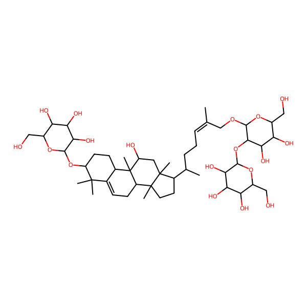 2D Structure of (2R,3R,4S,5S,6R)-2-[[(3S,8S,9R,10R,11R,13R,14S,17R)-17-[(E,2R)-7-[(2R,3R,4S,5S,6R)-4,5-dihydroxy-6-(hydroxymethyl)-3-[(2S,3R,4S,5S,6R)-3,4,5-trihydroxy-6-(hydroxymethyl)oxan-2-yl]oxyoxan-2-yl]oxy-6-methylhept-5-en-2-yl]-11-hydroxy-4,4,9,13,14-pentamethyl-2,3,7,8,10,11,12,15,16,17-decahydro-1H-cyclopenta[a]phenanthren-3-yl]oxy]-6-(hydroxymethyl)oxane-3,4,5-triol