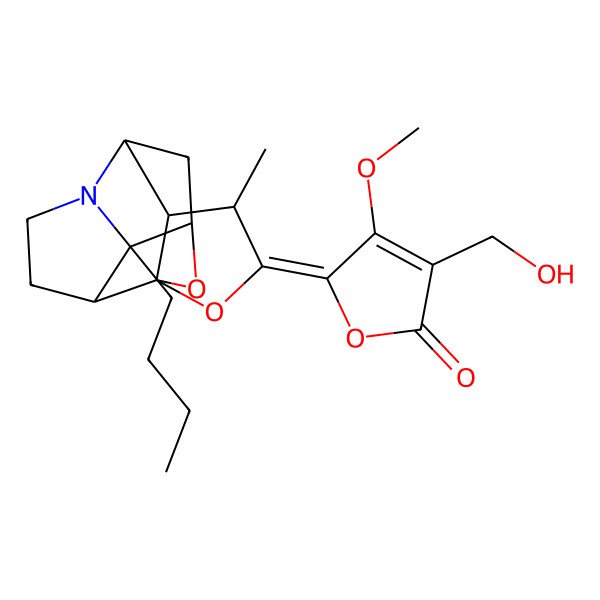 2D Structure of 5-[(1R,4R,5S,6R,8R,9R,13S)-9-butyl-4-methyl-2,14-dioxa-10-azapentacyclo[6.5.1.01,5.06,10.09,13]tetradecan-3-ylidene]-3-(hydroxymethyl)-4-methoxyfuran-2-one