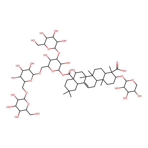 2D Structure of 8a-[3,5-Dihydroxy-4-[3,4,5-trihydroxy-6-(hydroxymethyl)oxan-2-yl]oxy-6-[[3,4,5-trihydroxy-6-[[3,4,5-trihydroxy-6-(hydroxymethyl)oxan-2-yl]oxymethyl]oxan-2-yl]oxymethyl]oxan-2-yl]oxycarbonyl-8-hydroxy-4,6a,6b,11,11,14b-hexamethyl-3-(3,4,5-trihydroxyoxan-2-yl)oxy-1,2,3,4a,5,6,7,8,9,10,12,12a,14,14a-tetradecahydropicene-4-carboxylic acid