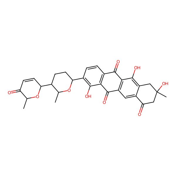 2D Structure of (3R)-3,5,10-trihydroxy-3-methyl-9-[(2R,5S,6R)-6-methyl-5-[(2R,6S)-6-methyl-5-oxo-2H-pyran-2-yl]oxan-2-yl]-2,4-dihydrotetracene-1,6,11-trione