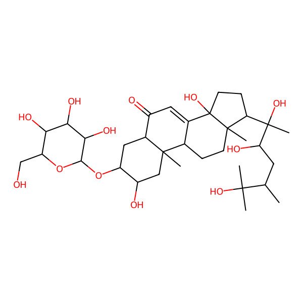 2D Structure of 2,14-dihydroxy-10,13-dimethyl-17-(2,3,6-trihydroxy-5,6-dimethylheptan-2-yl)-3-[3,4,5-trihydroxy-6-(hydroxymethyl)oxan-2-yl]oxy-2,3,4,5,9,11,12,15,16,17-decahydro-1H-cyclopenta[a]phenanthren-6-one