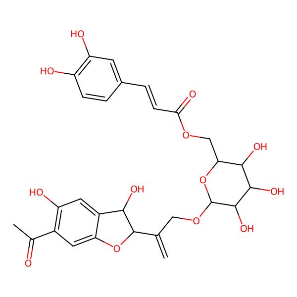 2D Structure of [(2R,3S,4S,5R,6R)-6-[2-[(2R,3S)-6-acetyl-3,5-dihydroxy-2,3-dihydro-1-benzofuran-2-yl]prop-2-enoxy]-3,4,5-trihydroxyoxan-2-yl]methyl (E)-3-(3,4-dihydroxyphenyl)prop-2-enoate