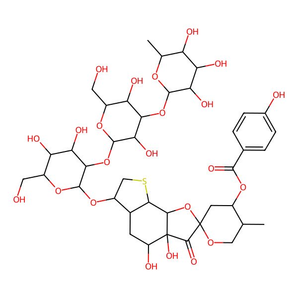 2D Structure of [(2S,3aR,4S,4'S,5'R,5aR,6R,8aS,8bS)-6-[(2S,3R,4S,5S,6R)-3-[(2S,3R,4S,5R,6R)-3,5-dihydroxy-6-(hydroxymethyl)-4-[(2S,3R,4R,5R,6S)-3,4,5-trihydroxy-6-methyloxan-2-yl]oxyoxan-2-yl]oxy-4,5-dihydroxy-6-(hydroxymethyl)oxan-2-yl]oxy-3a,4-dihydroxy-5'-methyl-3-oxospiro[5,5a,6,7,8a,8b-hexahydro-4H-thieno[3,2-g][1]benzofuran-2,2'-oxane]-4'-yl] 4-hydroxybenzoate