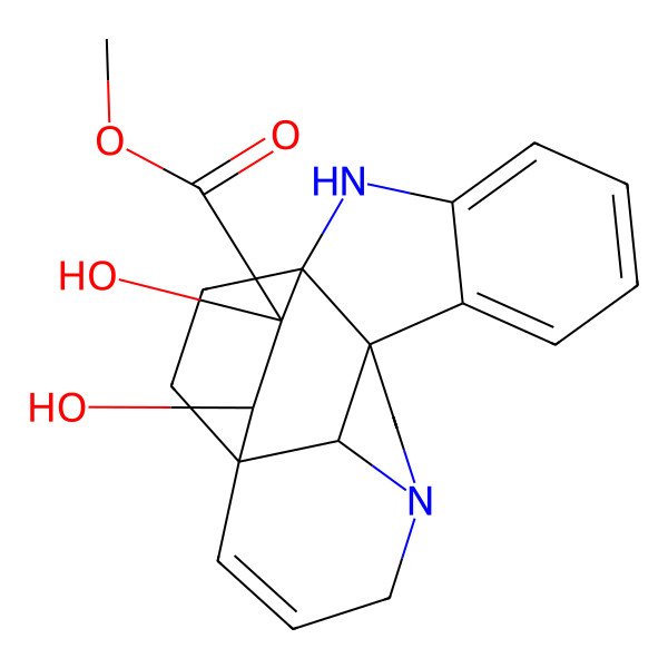 2D Structure of methyl (1S,9R,16R,17S,18R,21R)-17,18-dihydroxy-2,12-diazahexacyclo[14.2.2.19,12.01,9.03,8.016,21]henicosa-3,5,7,14-tetraene-18-carboxylate