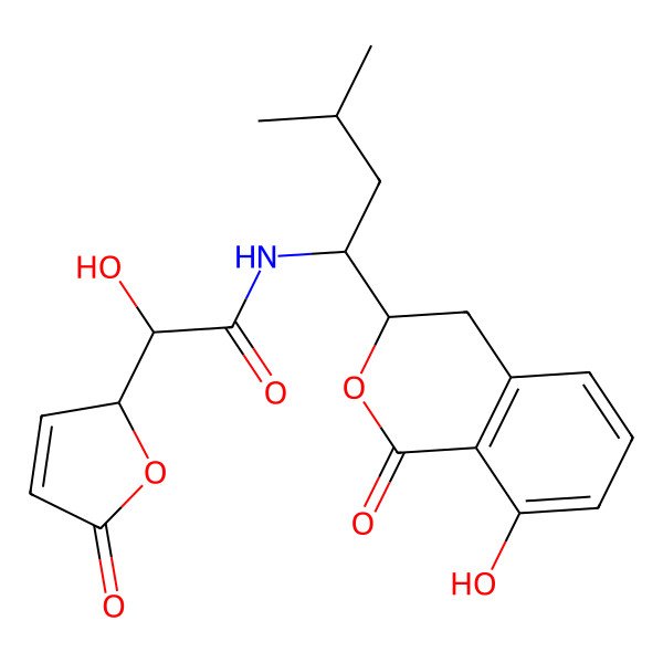 2D Structure of (2R)-2-hydroxy-N-[(1S)-1-[(3R)-8-hydroxy-1-oxo-3,4-dihydroisochromen-3-yl]-3-methylbutyl]-2-[(2S)-5-oxo-2H-furan-2-yl]acetamide