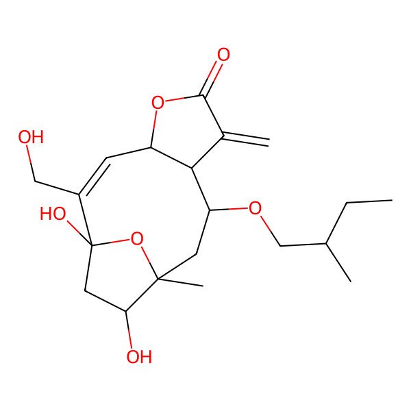 2D Structure of (1S,2Z,4R,8R,9R,11S,12S)-1,12-dihydroxy-2-(hydroxymethyl)-11-methyl-9-[(2S)-2-methylbutoxy]-7-methylidene-5,14-dioxatricyclo[9.2.1.04,8]tetradec-2-en-6-one
