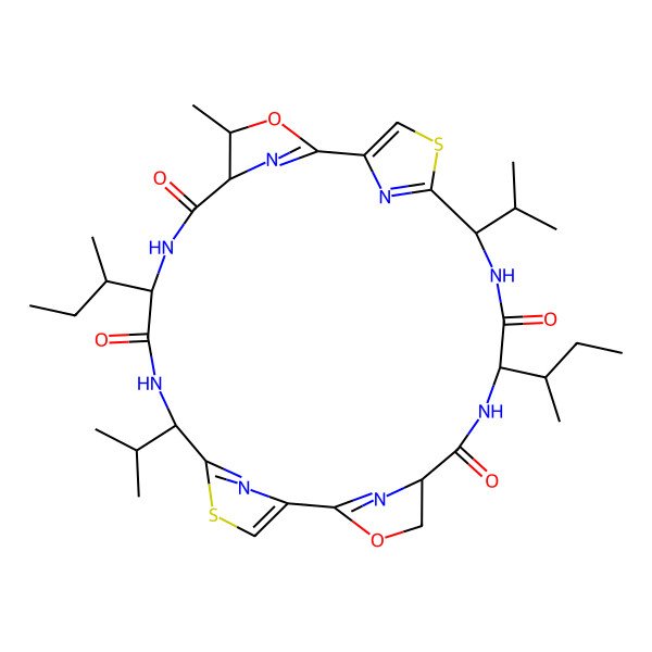 2D Structure of (4R,5S,8S,11S,19S,22S,25R)-22-[(2S)-butan-2-yl]-8-[(2R)-butan-2-yl]-4-methyl-11,25-di(propan-2-yl)-3,17-dioxa-13,27-dithia-7,10,21,24,29,30,31,32-octazapentacyclo[24.2.1.12,5.112,15.116,19]dotriaconta-1(28),2(32),12(31),14,16(30),26(29)-hexaene-6,9,20,23-tetrone
