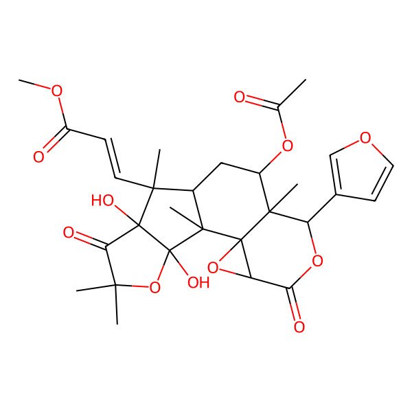 2D Structure of Methyl 3-[9-acetyloxy-7-(furan-3-yl)-13,17-dihydroxy-1,8,12,15,15-pentamethyl-5,14-dioxo-3,6,16-trioxapentacyclo[9.6.0.02,4.02,8.013,17]heptadecan-12-yl]prop-2-enoate
