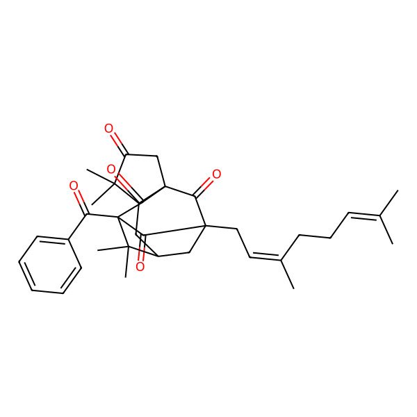 2D Structure of (1S,5S,7R,9S,11R)-9-benzoyl-11-[(2E)-3,7-dimethylocta-2,6-dienyl]-4,4,8,8-tetramethyltetracyclo[7.3.1.17,11.01,5]tetradecane-3,10,12,13-tetrone