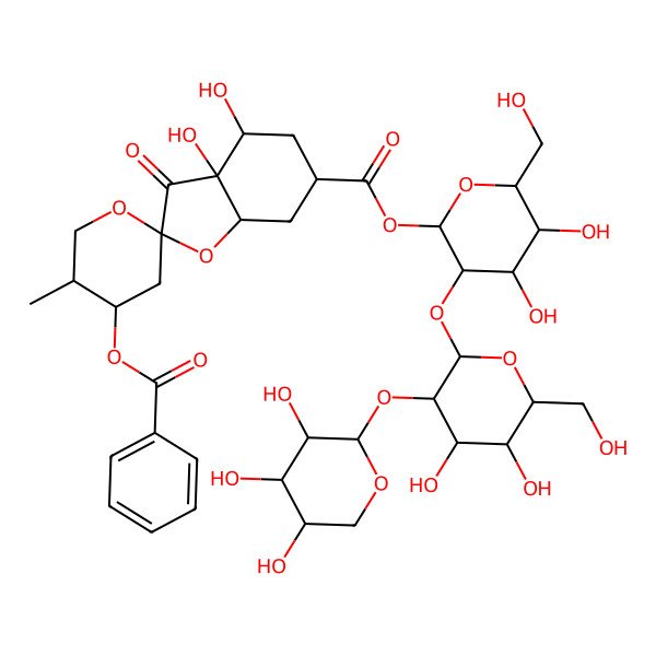 2D Structure of [3-[4,5-dihydroxy-6-(hydroxymethyl)-3-(3,4,5-trihydroxyoxan-2-yl)oxyoxan-2-yl]oxy-4,5-dihydroxy-6-(hydroxymethyl)oxan-2-yl] 4'-benzoyloxy-3a,4-dihydroxy-5'-methyl-3-oxospiro[5,6,7,7a-tetrahydro-4H-1-benzofuran-2,2'-oxane]-6-carboxylate