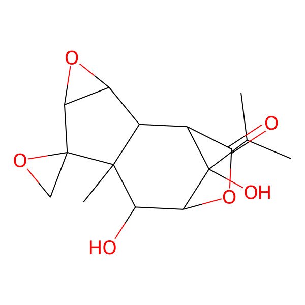 2D Structure of (1R,3R,5R,6S,7S,8S,9S,12R)-8,12-dihydroxy-7-methyl-12-propan-2-ylspiro[4,10-dioxatetracyclo[7.2.1.02,7.03,5]dodecane-6,2'-oxirane]-11-one