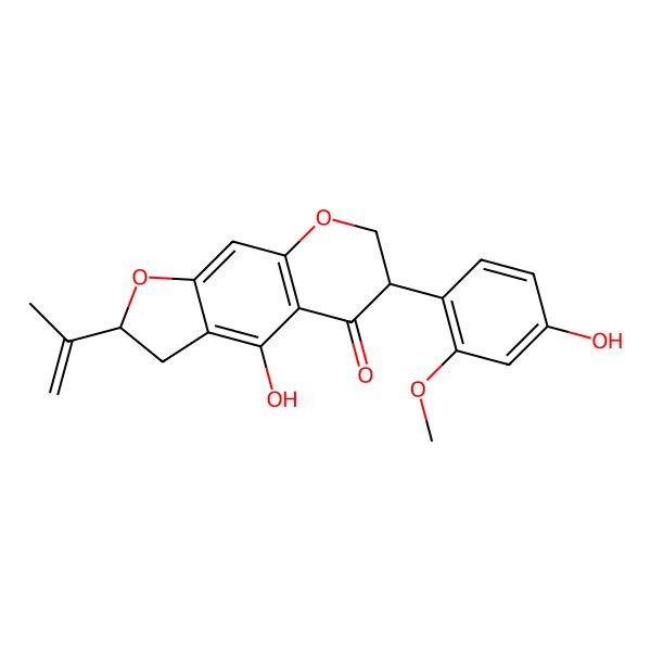 2D Structure of (2S,6R)-4-hydroxy-6-(4-hydroxy-2-methoxyphenyl)-2-prop-1-en-2-yl-2,3,6,7-tetrahydrofuro[3,2-g]chromen-5-one