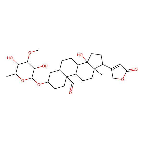 2D Structure of (3S,5R,8R,9S,10R,13R,14S,17R)-3-[(2R,3R,4R,5S,6S)-3,5-dihydroxy-4-methoxy-6-methyloxan-2-yl]oxy-14-hydroxy-13-methyl-17-(5-oxo-2H-furan-3-yl)-1,2,3,4,5,6,7,8,9,11,12,15,16,17-tetradecahydrocyclopenta[a]phenanthrene-10-carbaldehyde