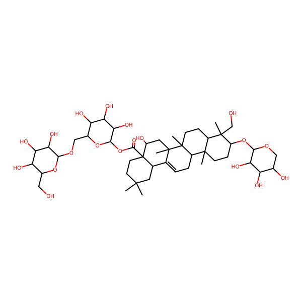 2D Structure of [3,4,5-Trihydroxy-6-[[3,4,5-trihydroxy-6-(hydroxymethyl)oxan-2-yl]oxymethyl]oxan-2-yl] 5-hydroxy-9-(hydroxymethyl)-2,2,6a,6b,9,12a-hexamethyl-10-(3,4,5-trihydroxyoxan-2-yl)oxy-1,3,4,5,6,6a,7,8,8a,10,11,12,13,14b-tetradecahydropicene-4a-carboxylate
