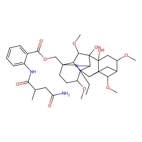 2D Structure of [(1S,2R,3R,4S,5R,6S,8R,9S,10S,13S,16S,17R,18S)-11-ethyl-8,9-dihydroxy-4,6,16,18-tetramethoxy-11-azahexacyclo[7.7.2.12,5.01,10.03,8.013,17]nonadecan-13-yl]methyl 2-[[(2R)-4-amino-2-methyl-4-oxobutanoyl]amino]benzoate