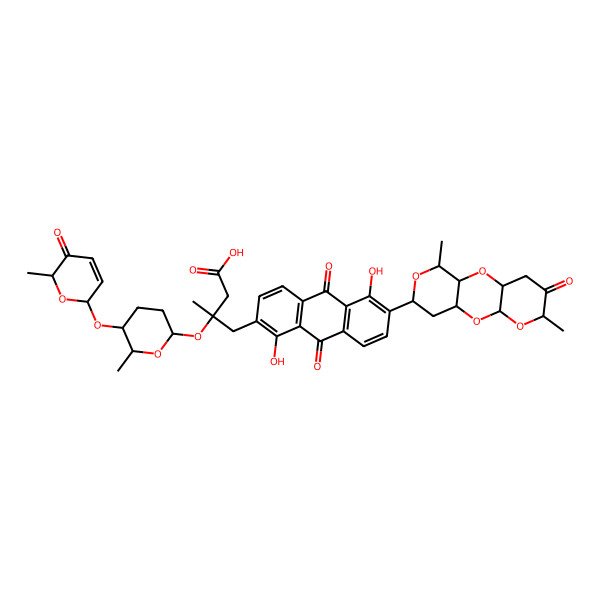 2D Structure of (3R)-4-[6-[(1R,5R,10R,11R,13S)-5,11-dimethyl-6-oxo-2,4,9,12-tetraoxatricyclo[8.4.0.03,8]tetradecan-13-yl]-1,5-dihydroxy-9,10-dioxoanthracen-2-yl]-3-methyl-3-[(2S,5S,6S)-6-methyl-5-[[(2R,6S)-6-methyl-5-oxo-2H-pyran-2-yl]oxy]oxan-2-yl]oxybutanoic acid